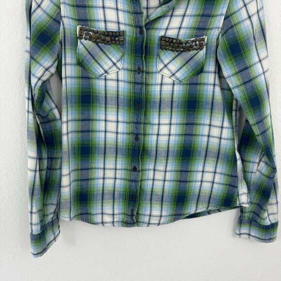 Abercrombie & Fitch Women Plaid Flannel Studded Button Front Shirt Green Size XS - Picture 4 of 12